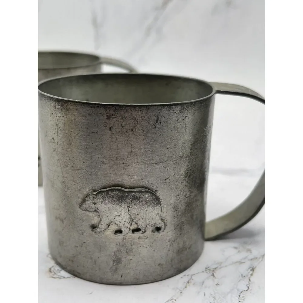 3 Children's Metal Cups w/Animals Duck, Horse,‎ Bear Vintage